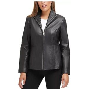 Vintage JLC Newyork Leather Women's Fully Lined Wing Collar Black coat size XL